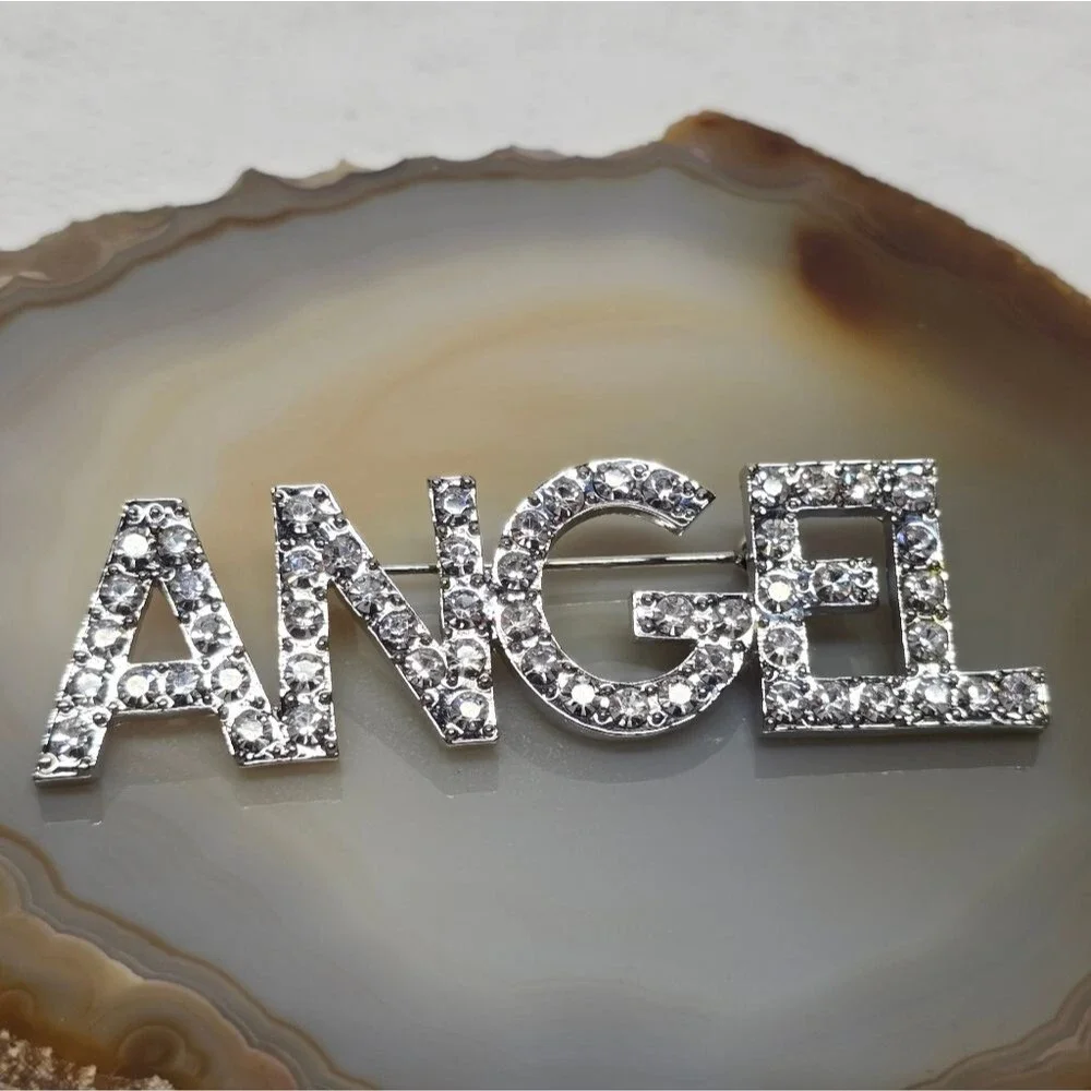 Vintage 90s Silver Tone Shiny Clear Crystal Rhinestone Word 